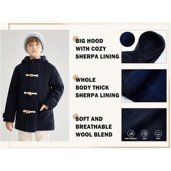 Boys Winter Wool Coat Dress Peacoat Kids Heavy Sherpa Jacket Hooded - Picture 5 of 7